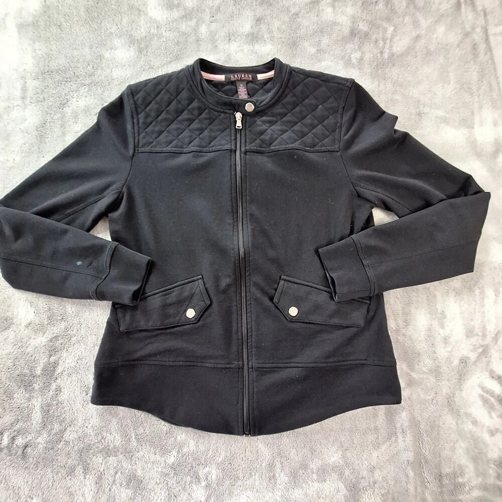 Lauren Ralph Lauren Jacket Womens M Black Quilted Knit Full Zip Pockets Moto